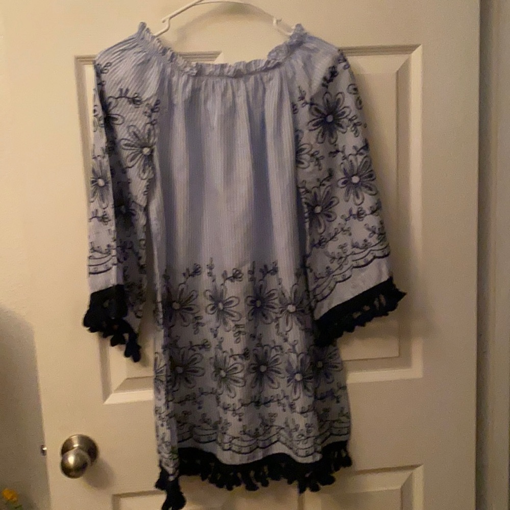 Blue white and navy Top. With beautiful embroidery and tassel trim